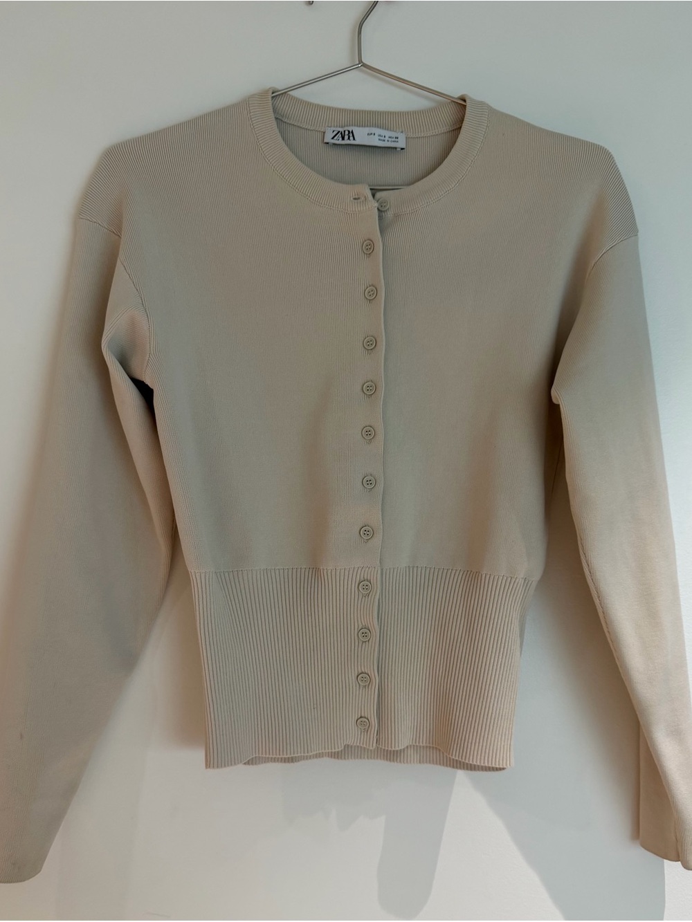 Zara Beige Crewneck Button-Front Ribbed Hem Cardigan